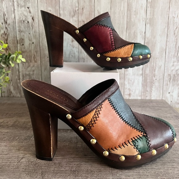 Coach Leather Studded Patchwork Multi-Colored Clogs Size 8.5 - Picture 1 of 8